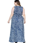 Plus Size Navy Abstract Print V Neck Empire Waist Sleeveless Maxi Dress