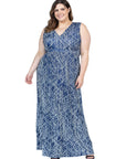Plus Size Navy Abstract Print V Neck Empire Waist Sleeveless Maxi Dress