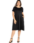 Short Sleeve Plus Size Midi Skater Dress With Pockets