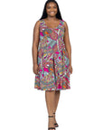Pink Paisley Print Sleeveless Plus Size Pleated Knee Length Pocket Dress