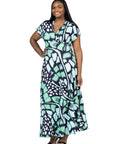 Plus Size Oversized Butterfly Print V Neck Empire Waist Kimono Cap Sleeve Maxi Dress
