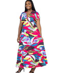 Plus Size Floral Print V Neck Empire Waist Kimono Cap Sleeve Maxi Dress