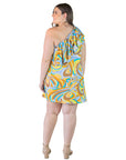 Plus Size Yellow Floral Print One ShoulderRuffle Mini Dress