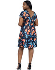 Plus Size Tulip Print V Neck Empire Waist Kimono Cap Sleeve Knee Length Dress