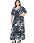Plus Size Black and White Elbow Sleeve Casual A Line Maxi Dress