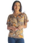 Womens Brown Paisley Short Sleeve Split Shoulder Top