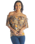 Womens Brown Paisley Short Sleeve Split Shoulder Top