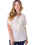 Womens V Neck Knot Front Kimono Sleeve Top