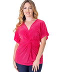 Womens V Neck Knot Front Kimono Sleeve Top