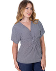 Womens V Neck Geometric Print Knot Front Kimono Sleeve Top