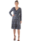 Grey Long Sleeve Knee Length Faux Wrap Dress