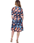 Womens Black Floral Print Elbow Sleeve Knee Length Dress