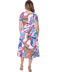 Womens Abstract Floral Short Sleeve Pleated Flare Midi Pocket Dress