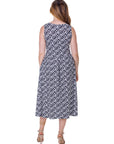 Womens Midi Length Black Geo Print Sleeveless Pleated Pocket Dress