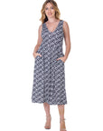Womens Midi Length Black Geo Print Sleeveless Pleated Pocket Dress