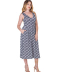 Womens Midi Length Black Geo Print Sleeveless Pleated Pocket Dress