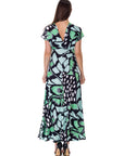 Butterfly Print V Neck Empire Waist Kimono Cap Sleeve Maxi Dress