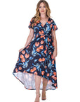 Womens Black Floral V Neck Belted High Low Faux Wrap Dress