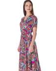 Womens Pink Paisley Short Sleeve Tie Waist Midi Dress
