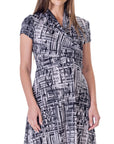 Womens Print Short Sleeve Knee Length V Neck Rouched Wrap Dress