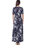 Womens Black and White Elbow Sleeve Casual A Line Maxi Dress