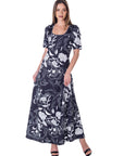 Womens Black and White Elbow Sleeve Casual A Line Maxi Dress