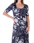 Womens Black and White Elbow Sleeve Casual A Line Maxi Dress