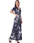Womens Black and White Elbow Sleeve Casual A Line Maxi Dress