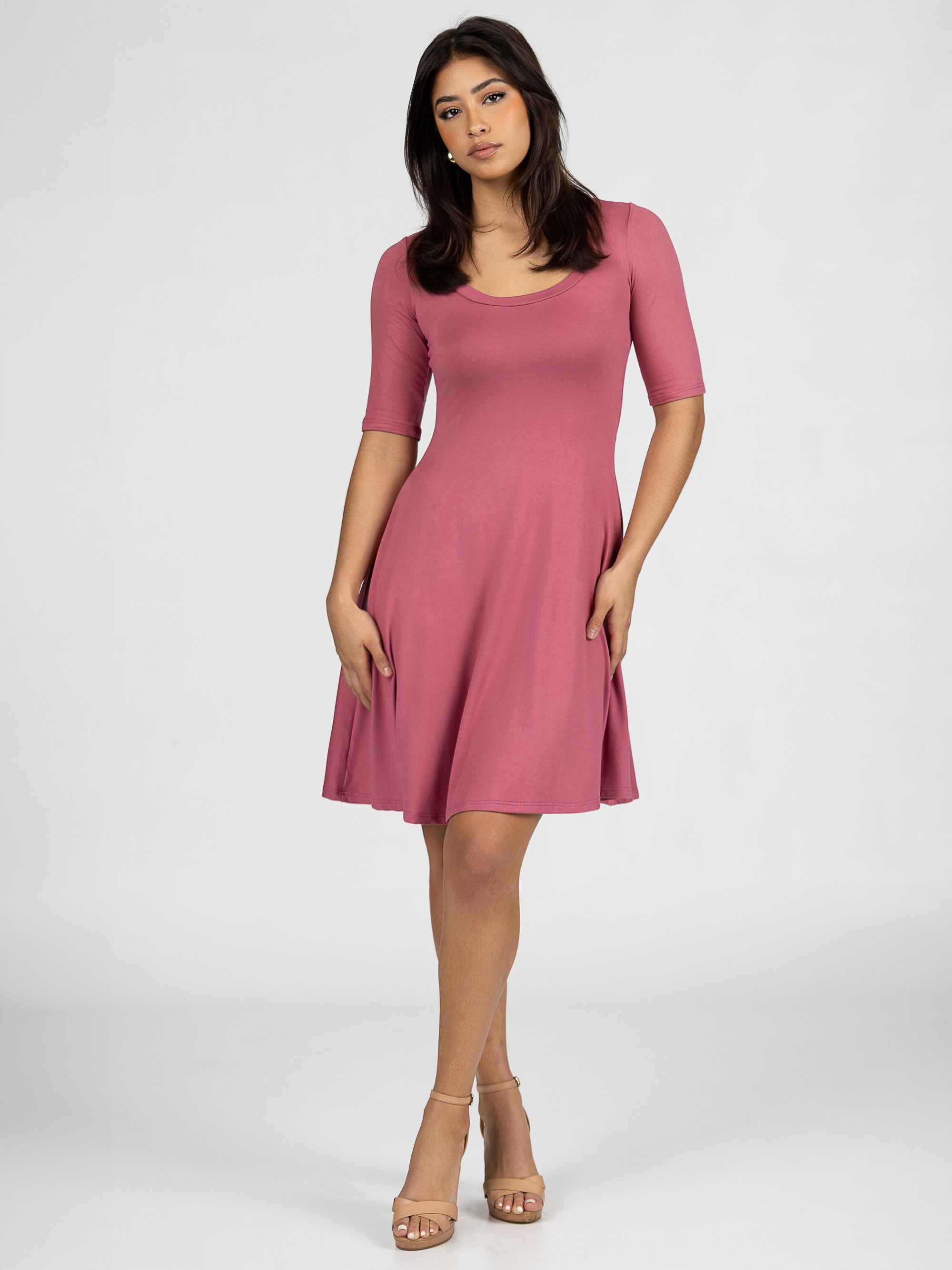 A Line Knee Length Dress with Elbow Length Sleeves