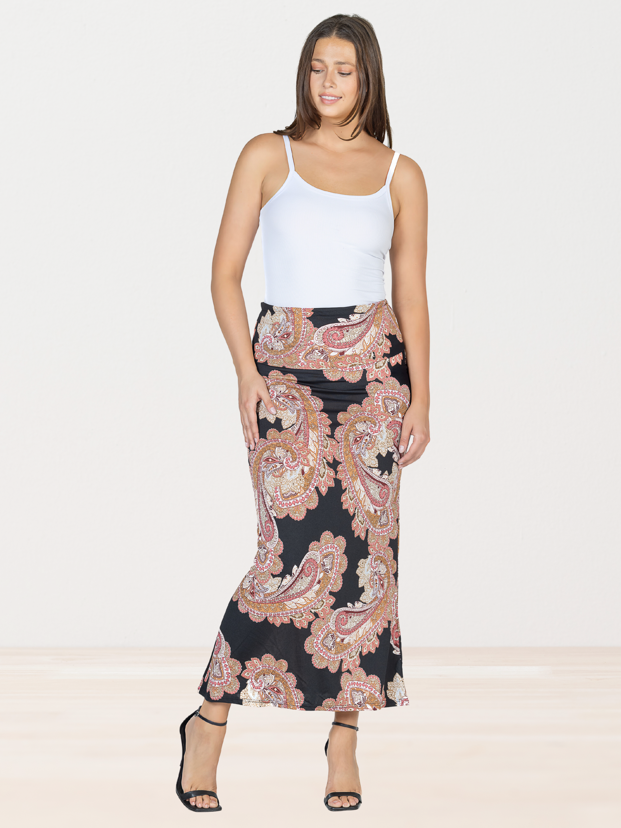 Womens Black Paisley Print Foldover Maxi Skirt