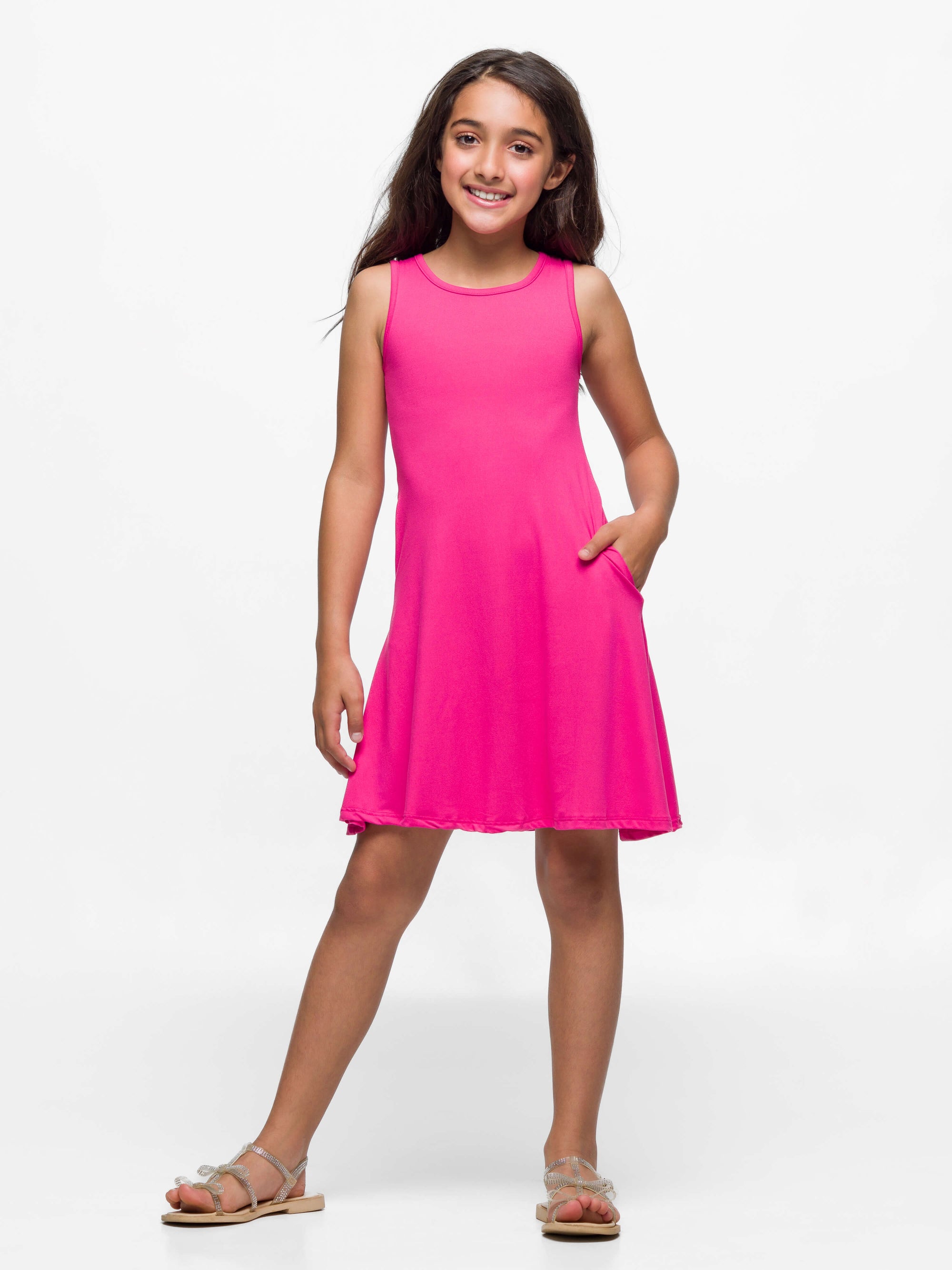 24seven Comfort Apparel Girls Sleeveless Pocket Swing Dress Machine Washable