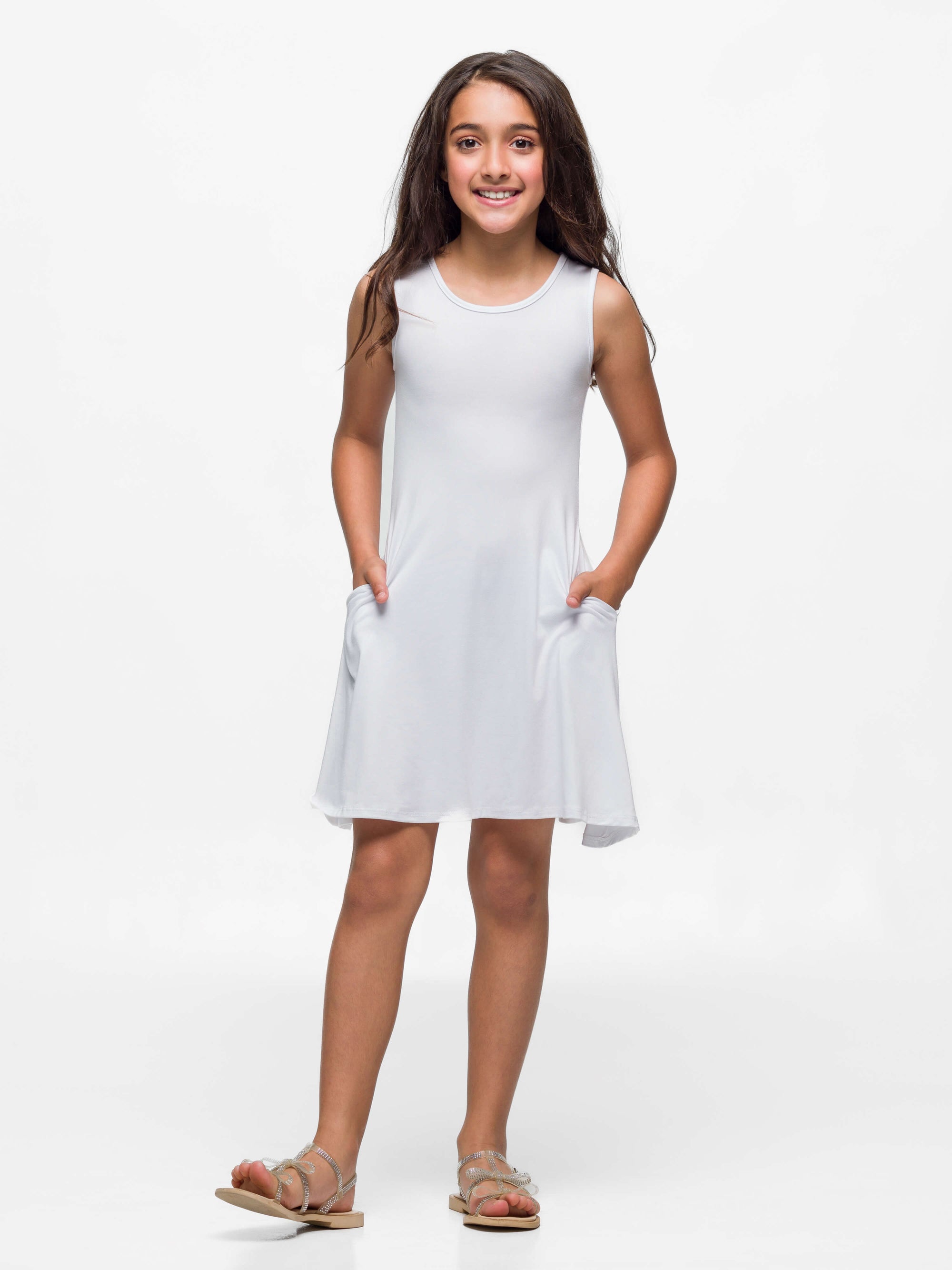 24seven Comfort Apparel Girls Sleeveless Pocket Swing Dress Machine Washable