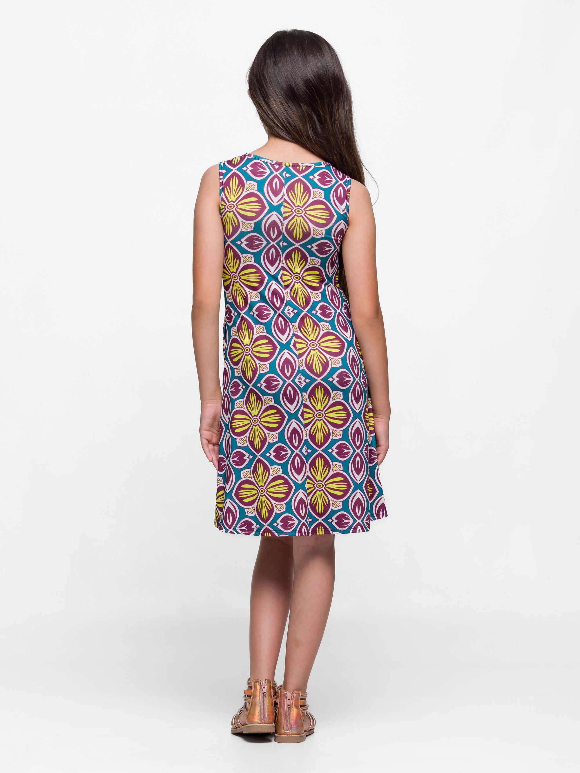 24sevenkid Girls Sleeveless Knee Length A Line Floral Print Pocket Dress