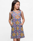 24sevenkid Girls Sleeveless Knee Length A Line Floral Print Pocket Dress