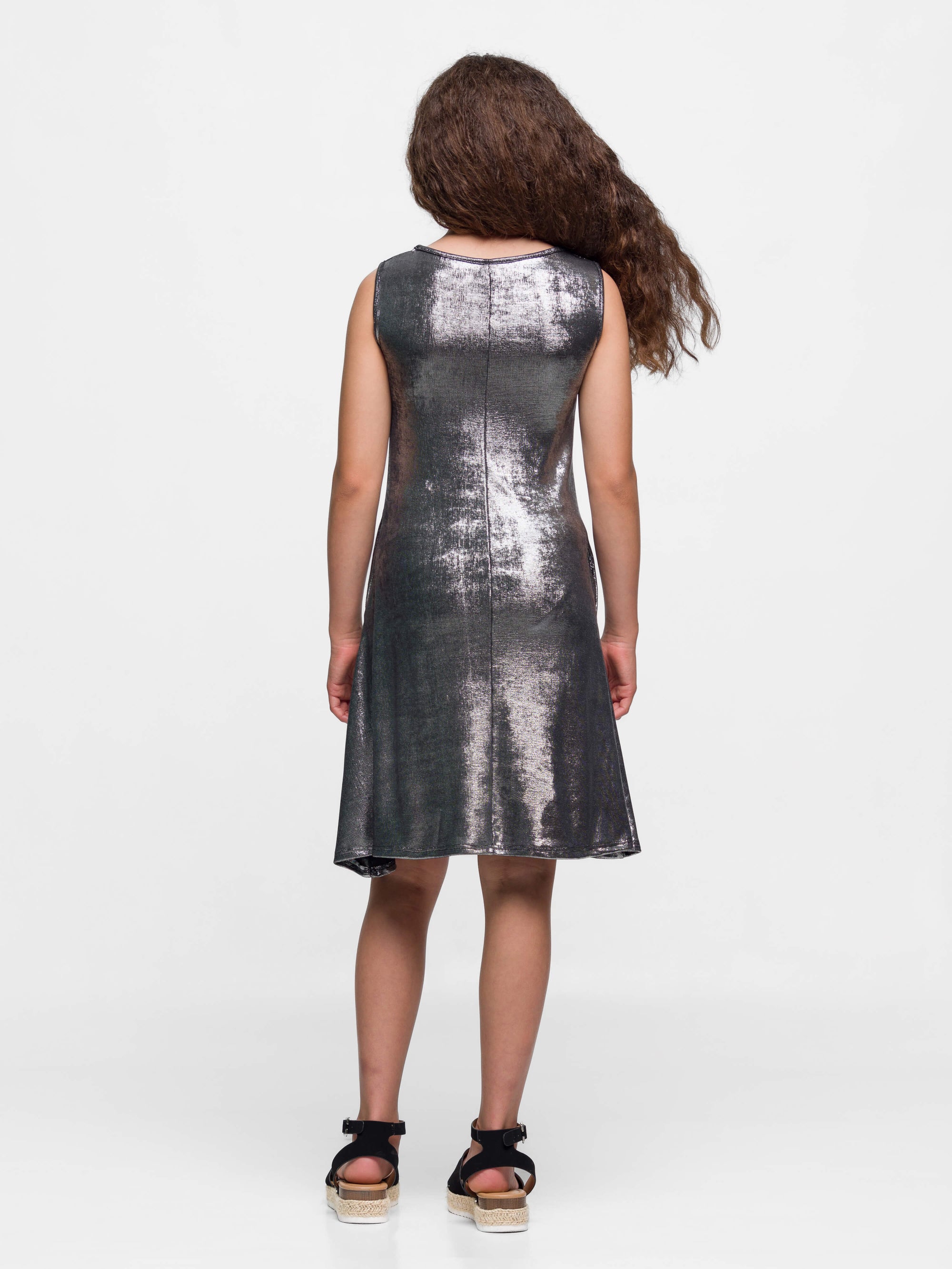 24sevenkid Girls Black Shimmery Metallic Sleeveless A Line Dress