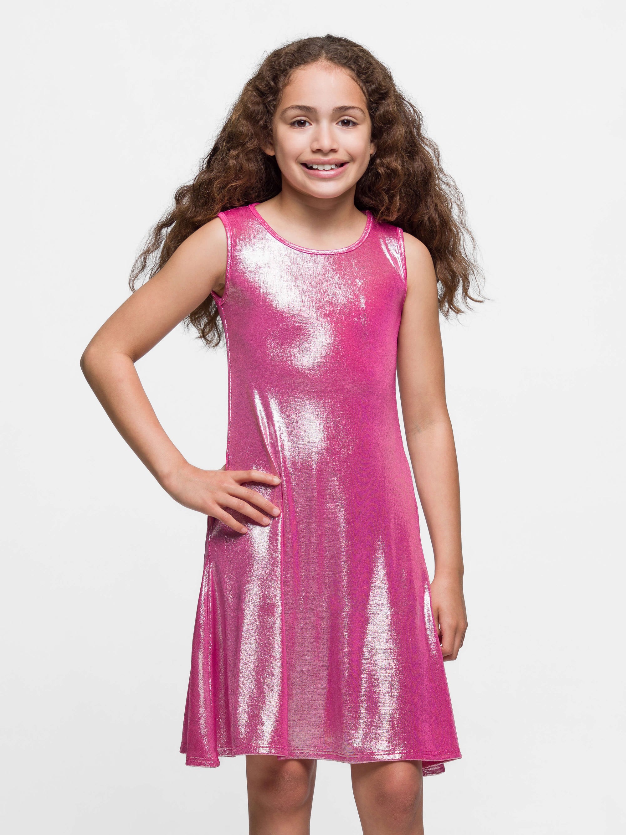 24sevenkid Girls Pink Shimmery Metallic Sleeveless A Line Dress