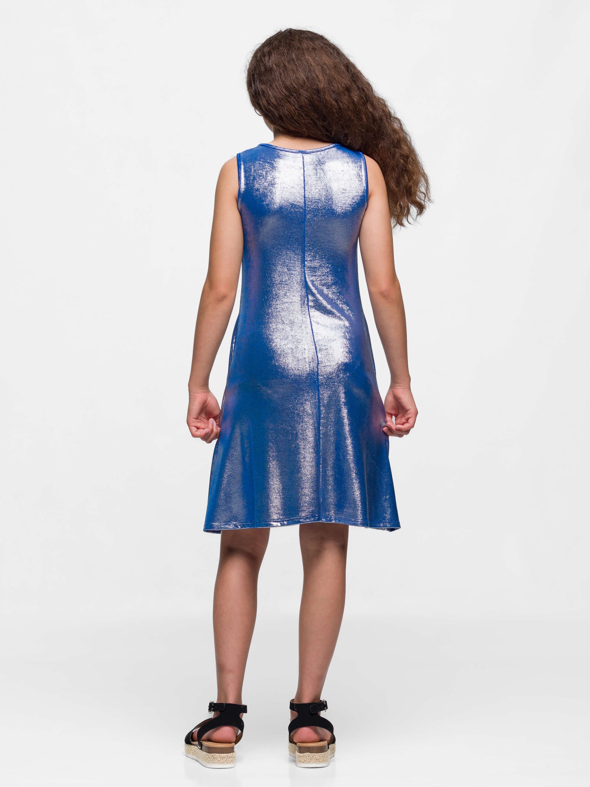 24sevenkid Girls Blue Shimmery Metallic Sleeveless A Line Dress