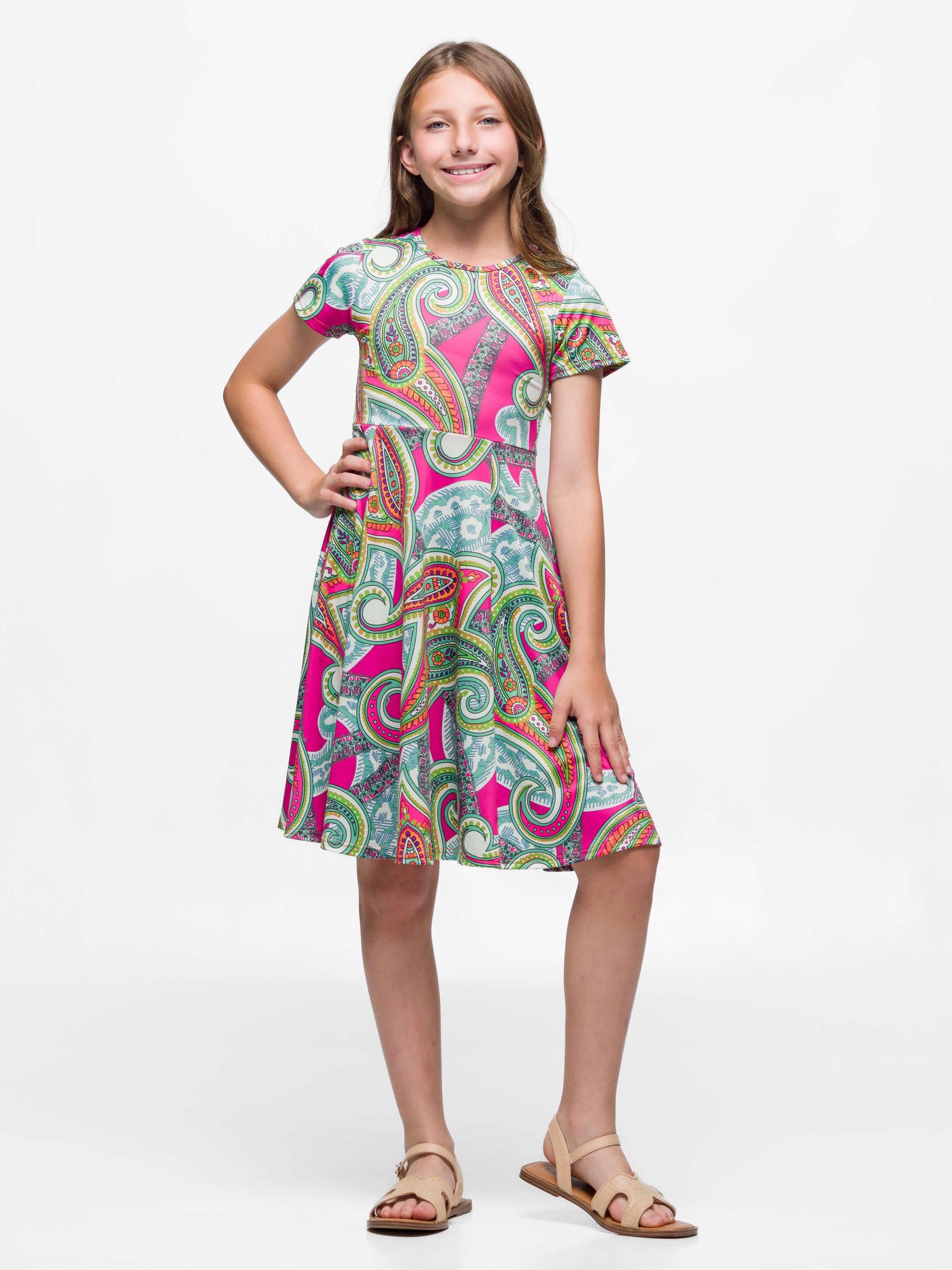 24sevenKid Girls Pink Paisley Print Short Sleeve Fit and Flare Dress