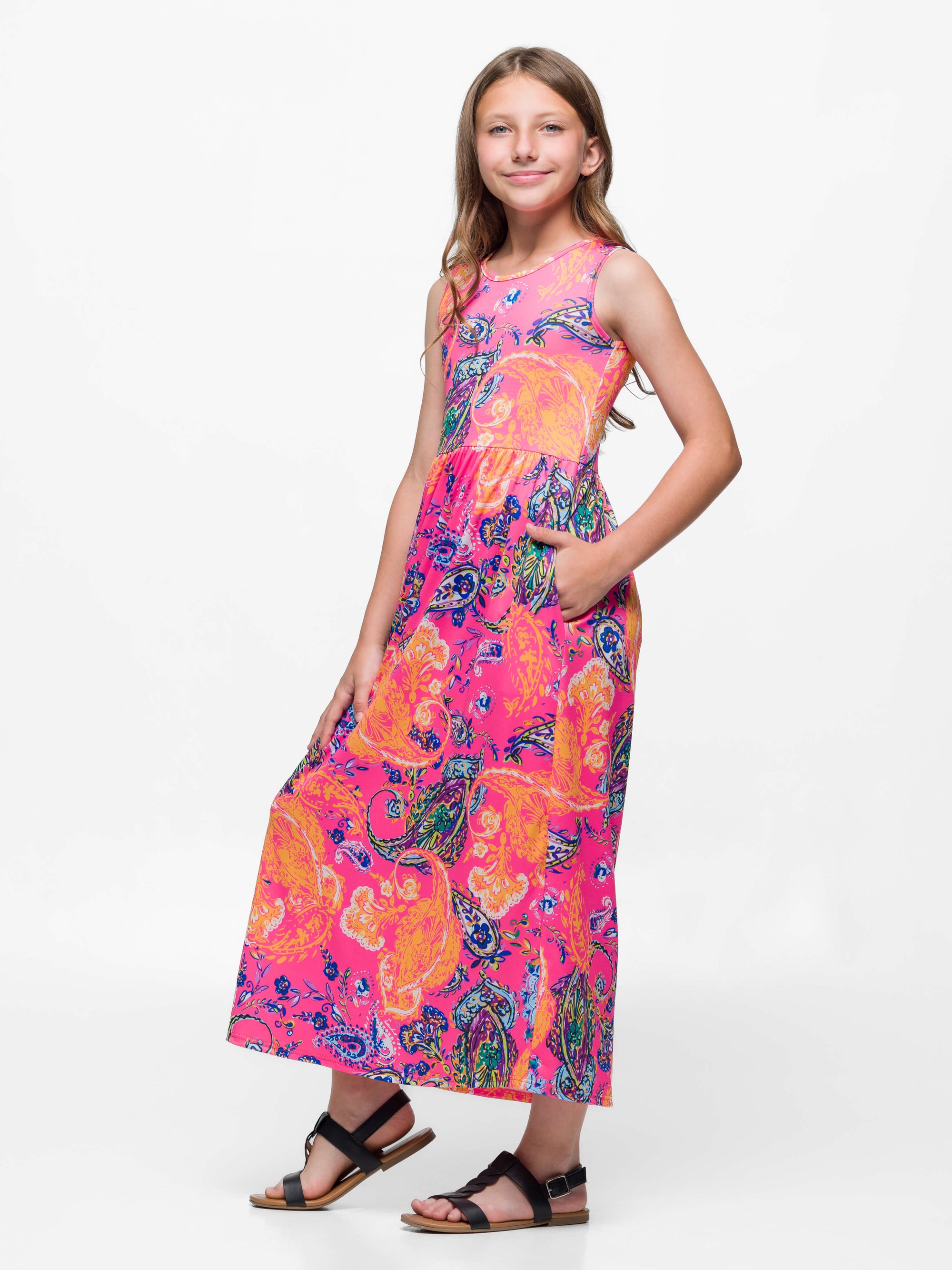 24sevenkid Girls Pink Paisley Print Sleeveless Maxi Dress with Pockets