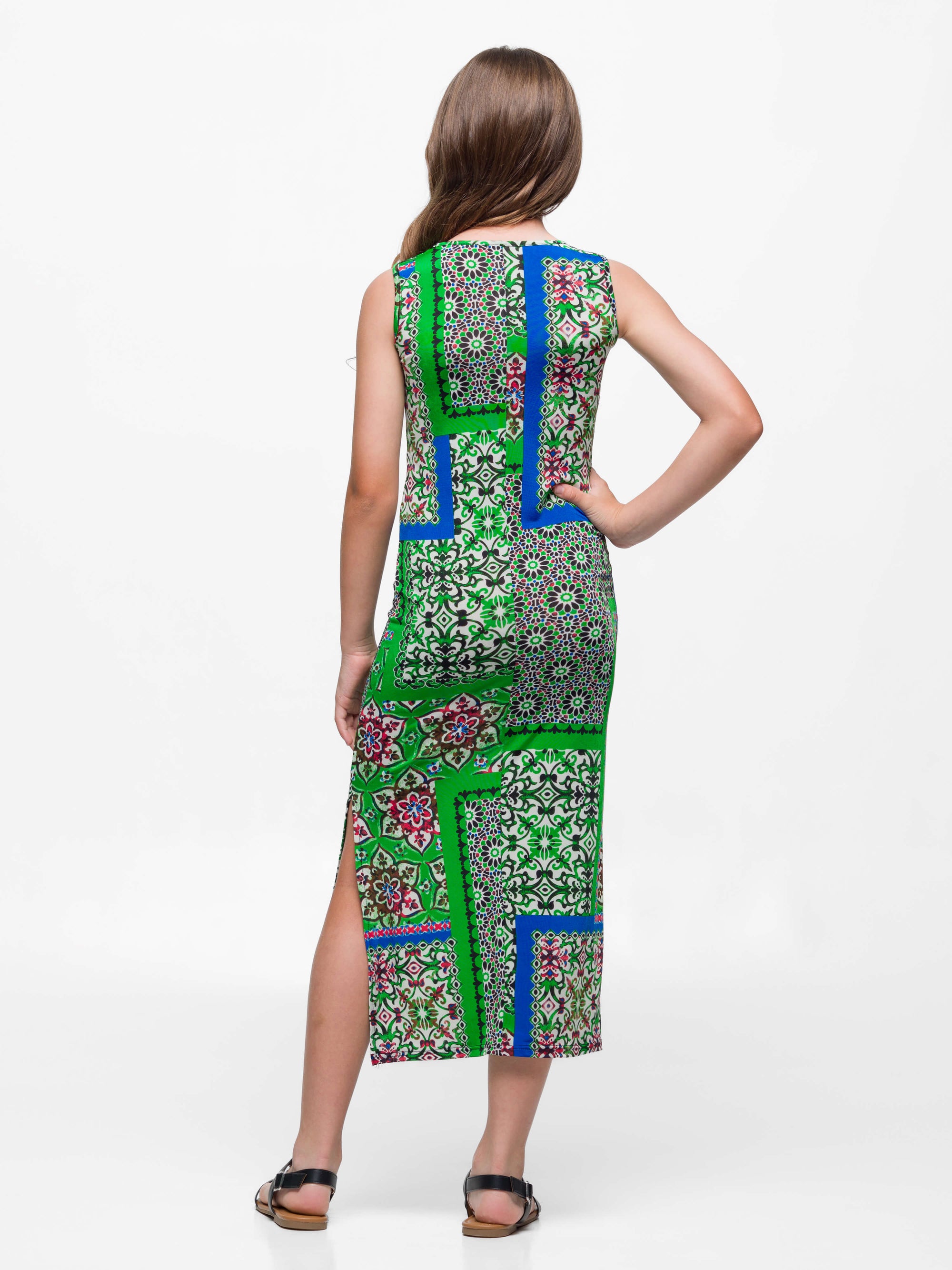 24sevenkid Girls Green Scarf Print Side Slit Maxi Dress