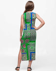 24sevenkid Girls Green Scarf Print Side Slit Maxi Dress