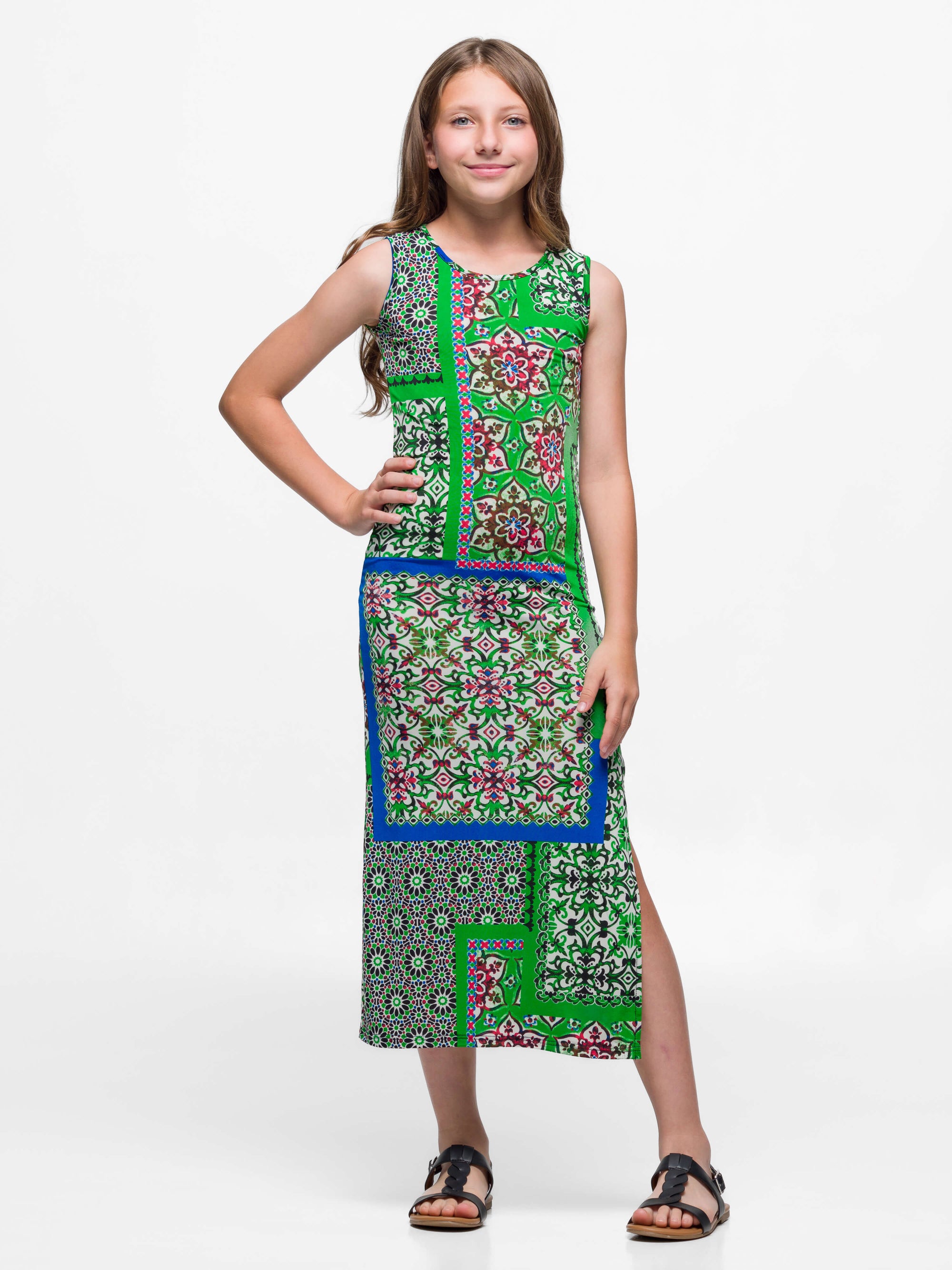 24sevenkid Girls Green Scarf Print Side Slit Maxi Dress
