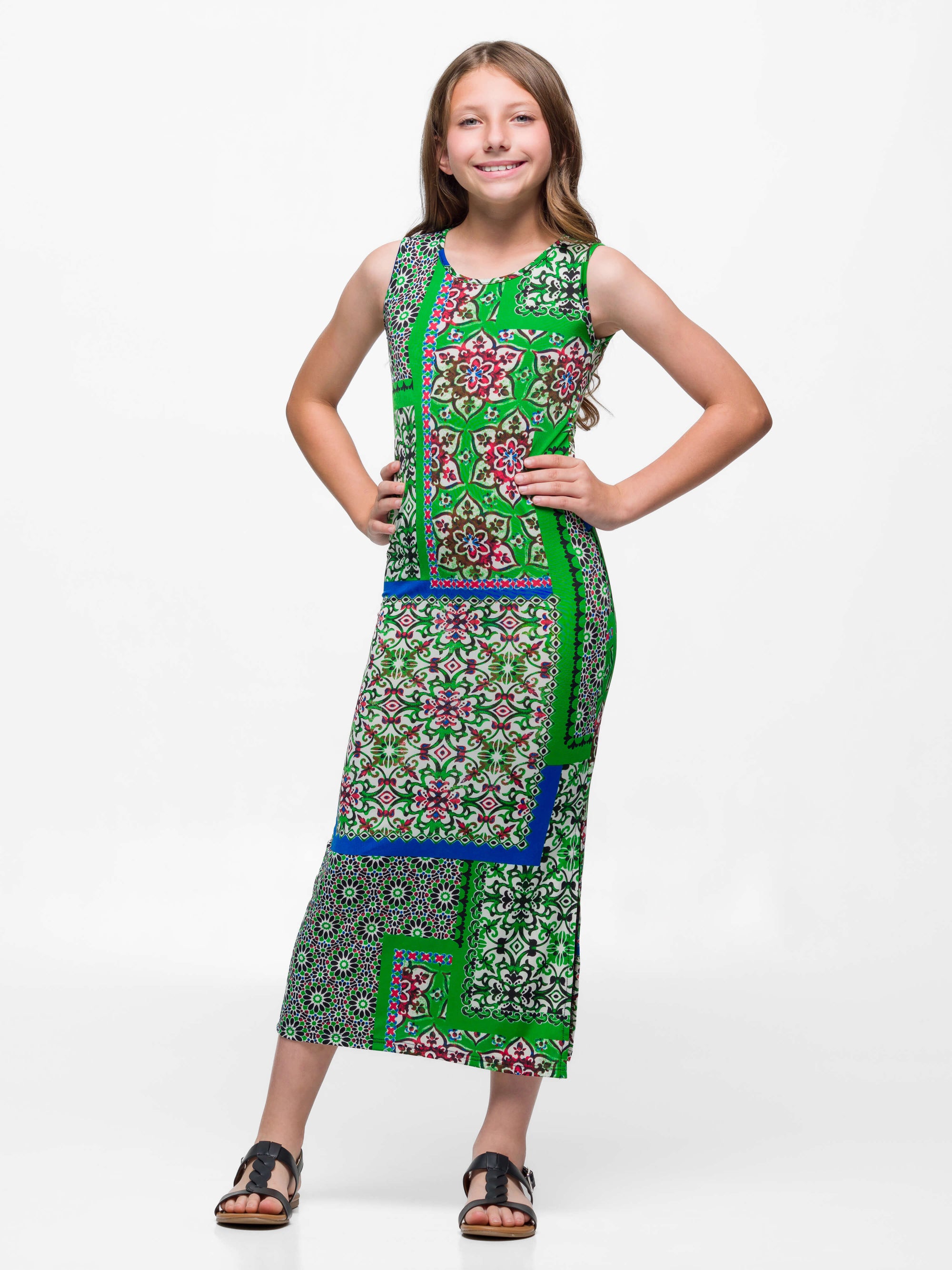 24sevenkid Girls Green Scarf Print Side Slit Maxi Dress