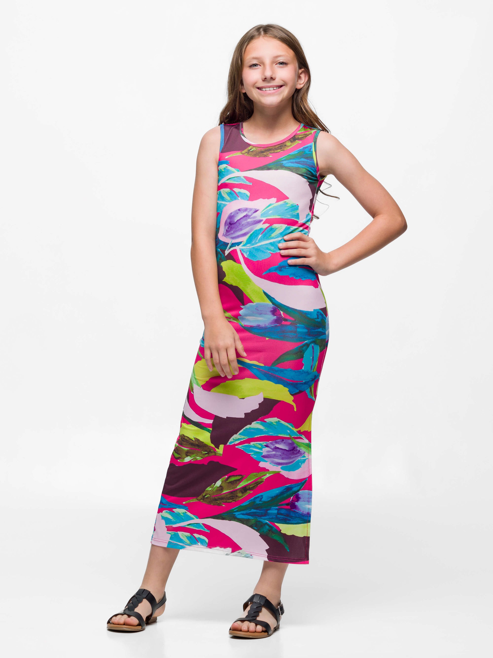 24sevenkid Girls Pink Floral Print Side Slit Maxi Dress