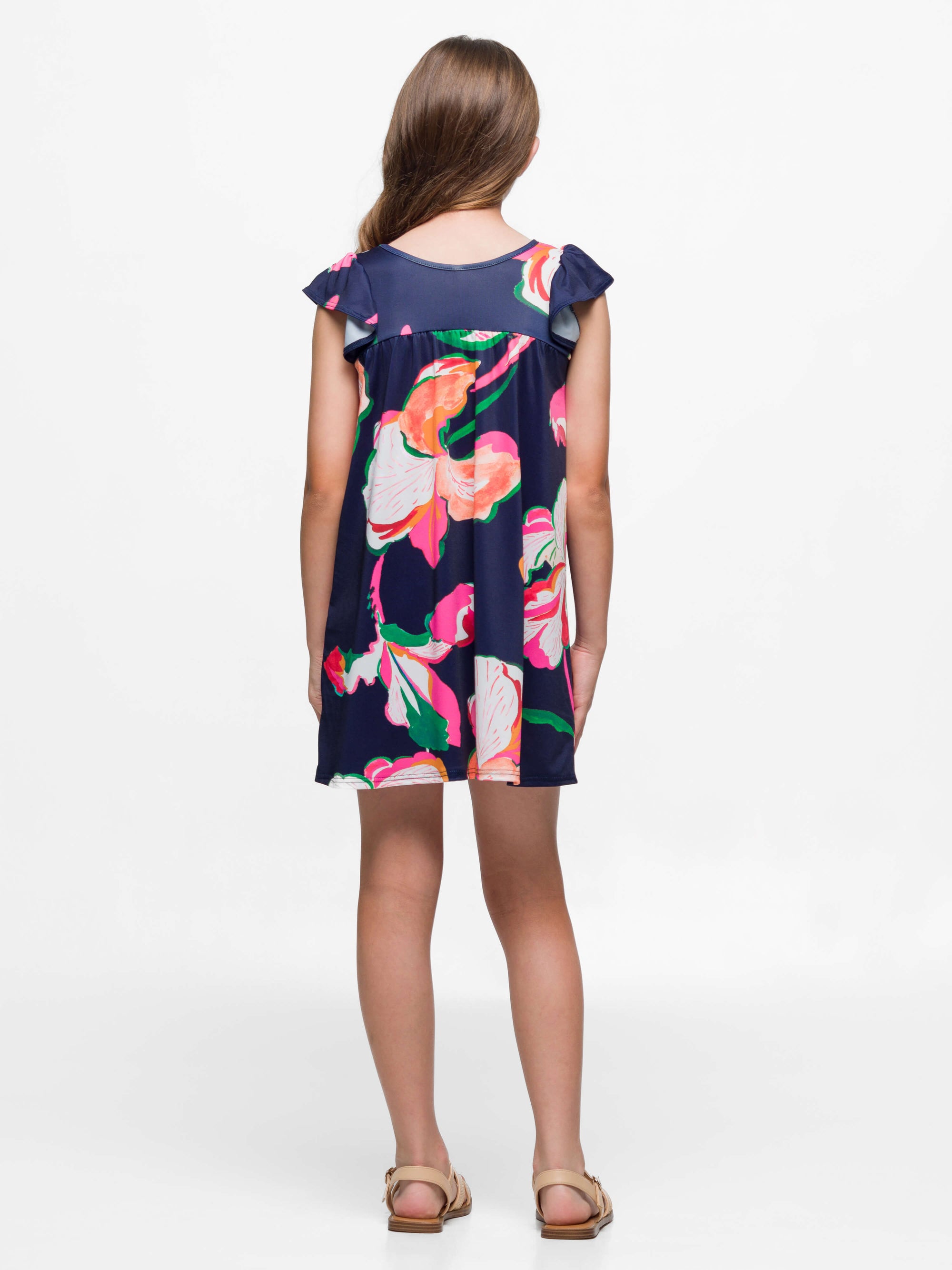 24sevenkid Girls Navy Blue Floral Print Cap Sleeve Babydoll Dress