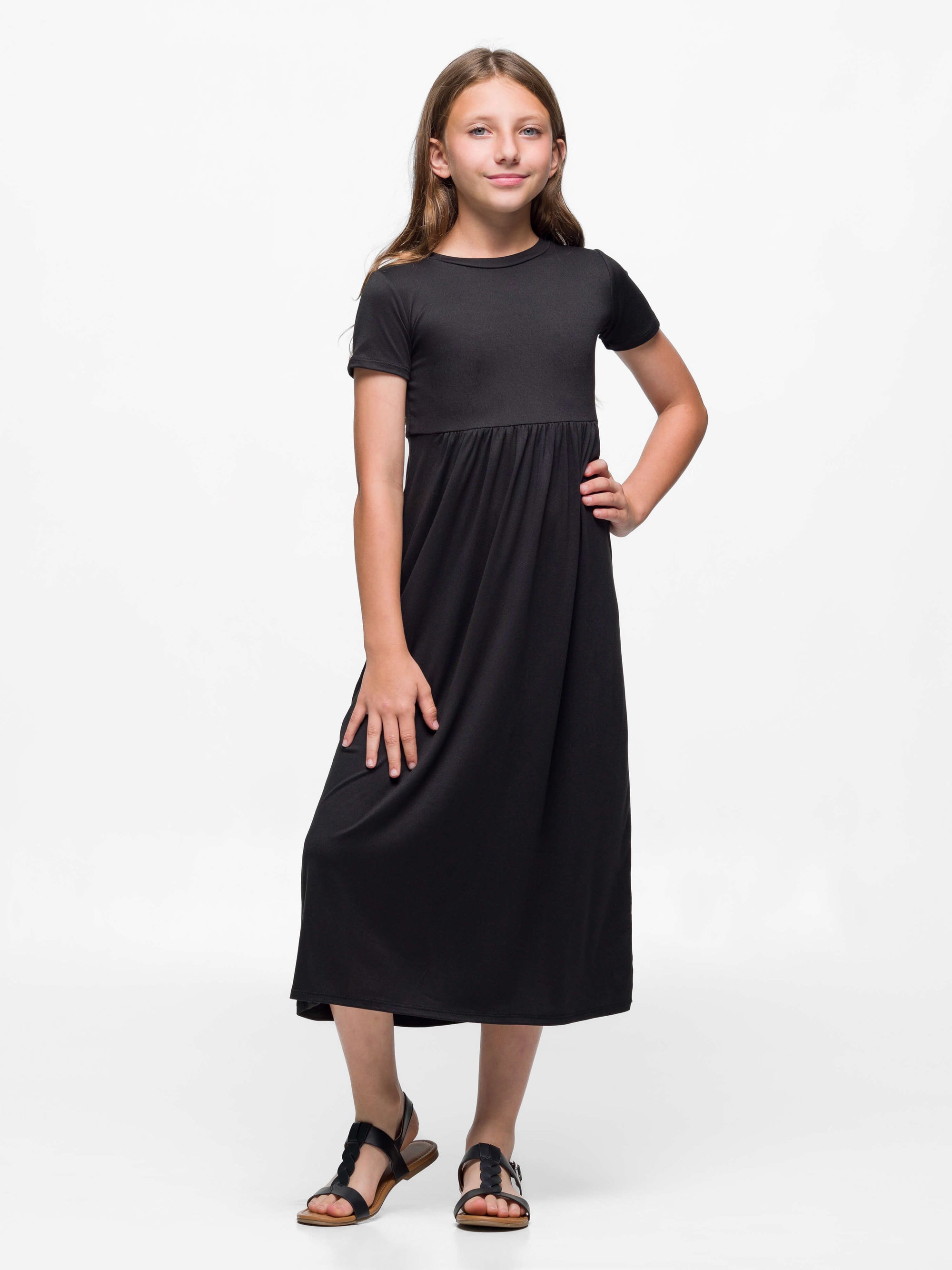 24seven Comfort Apparel Girls Short Sleeve Pleated Midi Dress