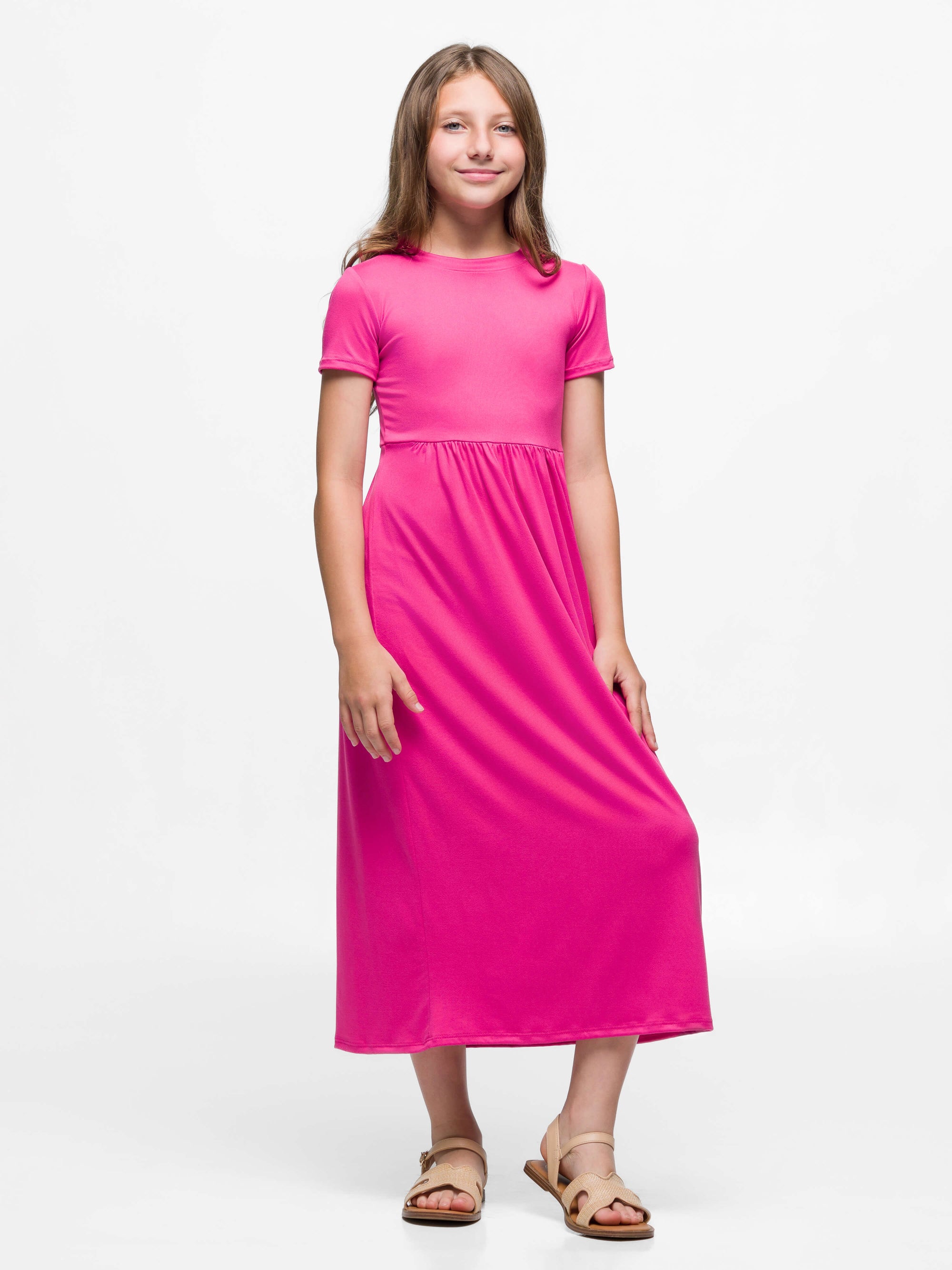 24seven Comfort Apparel Girls Short Sleeve Pleated Midi Dress