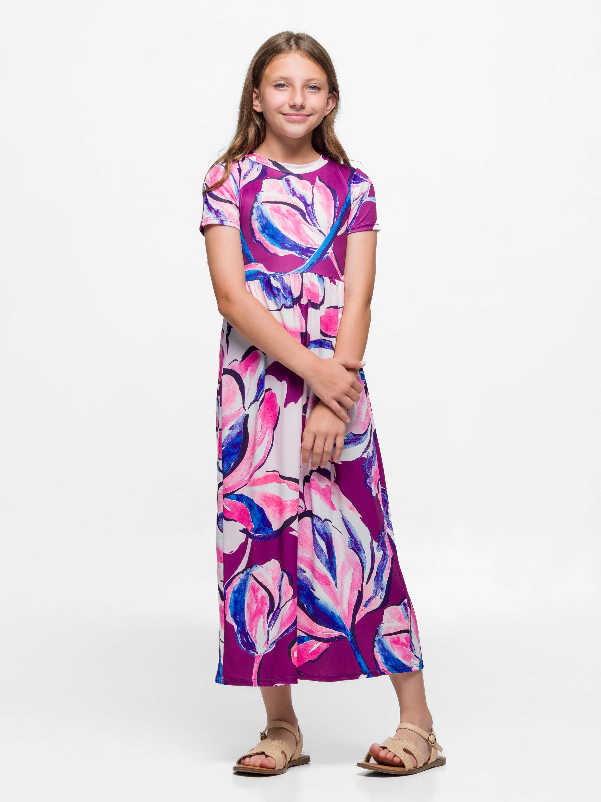 24sevenkid Girls Purple Floral Print Short Sleeve Maxi Dress