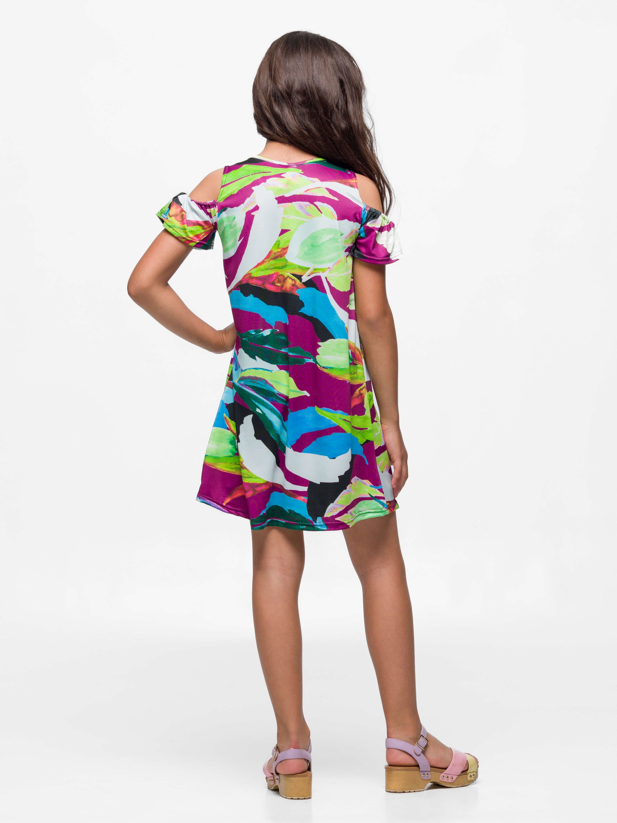 24sevenkid Girls Multicolor Print Cold Shoulder A Line Dress