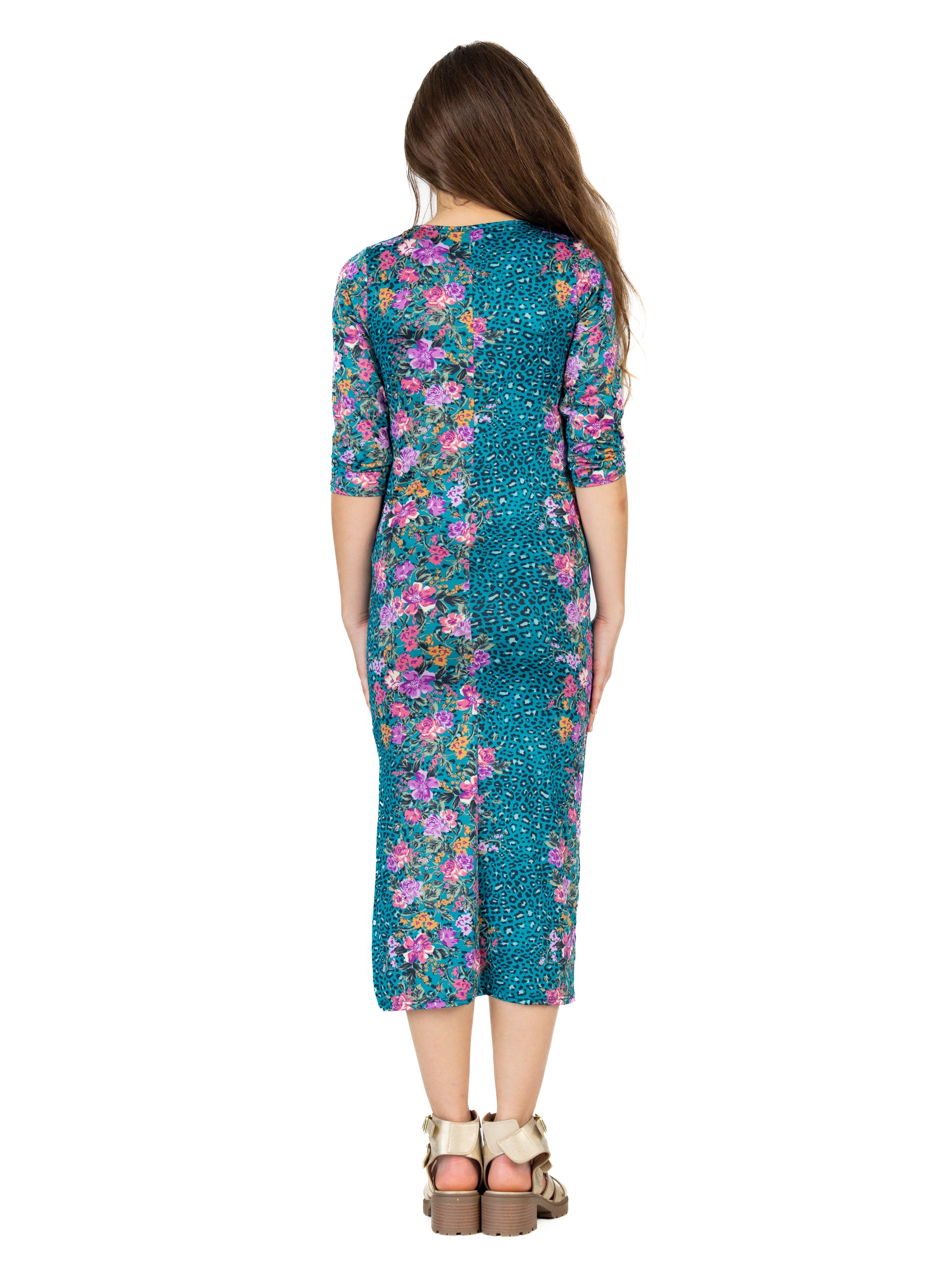 24seven Comfort Apparel Teal Animal Print Side Slit Girls Maxi Dress
